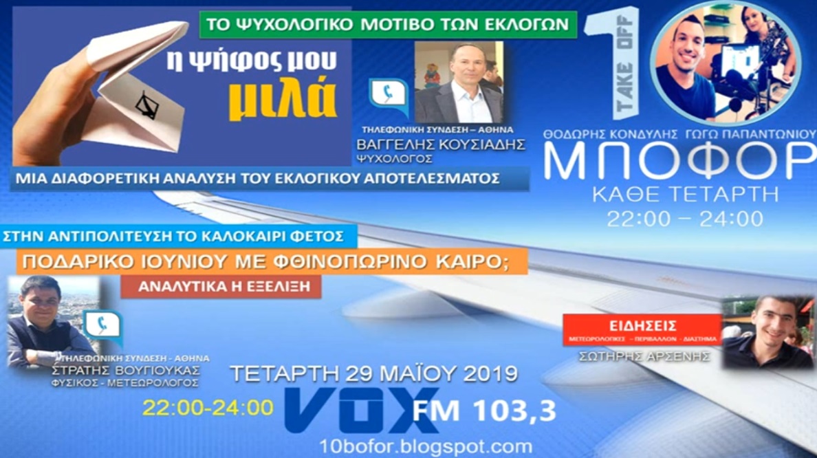Read more about the article “10 μποφόρ” Τετάρτη 29.5.2019 VOX103,3